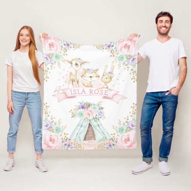 Pretty Pink Mint Purple Gold Boho Woodland Animals Fleece Blanket (In Situ)