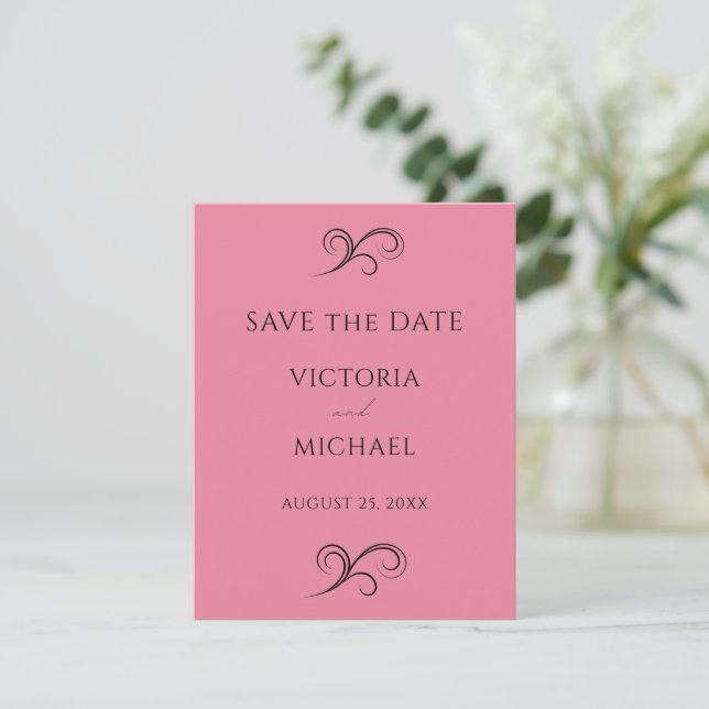 Pretty Pink Modern Scrolls Minimalist Wedding Save The Date (Standing Front)