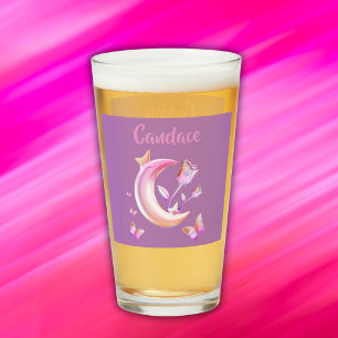 Pretty Pink- Moon, Butterfly, Floral - Monogram   Glass
