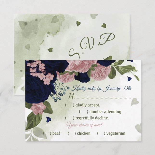 pretty pink navy blue flowers greenery meal choice RSVP card (Front/Back)