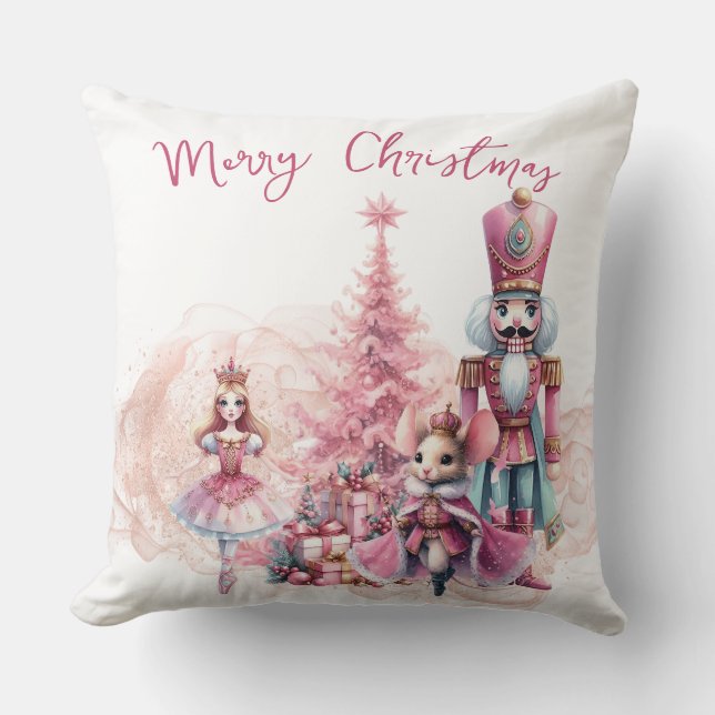 Pretty Pink Nutcracker Christmas Throw Pillow (Front)