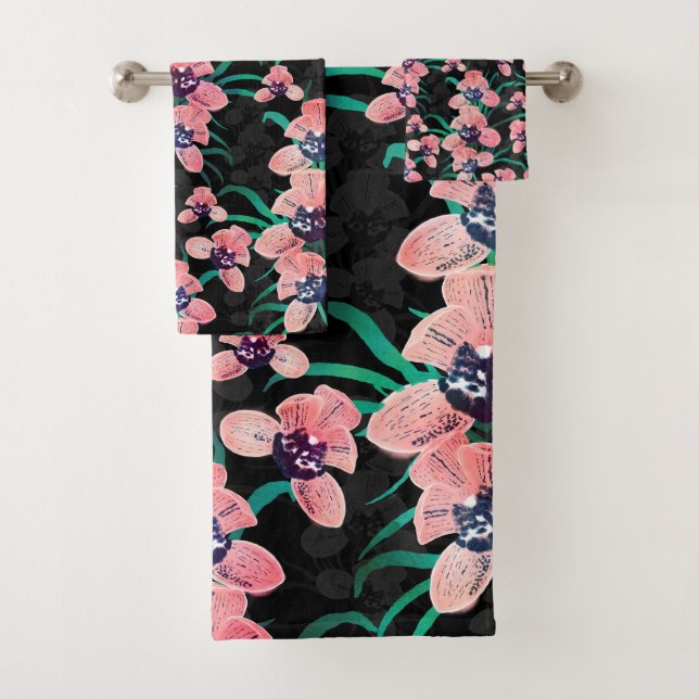 Pretty Pink Orchid Flower Paint Black design Bath Towel Set (Insitu)