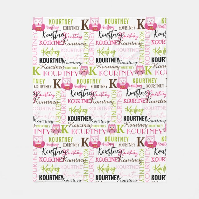 Pretty Pink Owls with Name and Monogram Collage Fleece Blanket (Front)