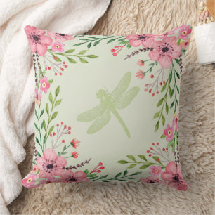Pretty Pink Painted Flowers With Green Dragonfly Throw Pillow