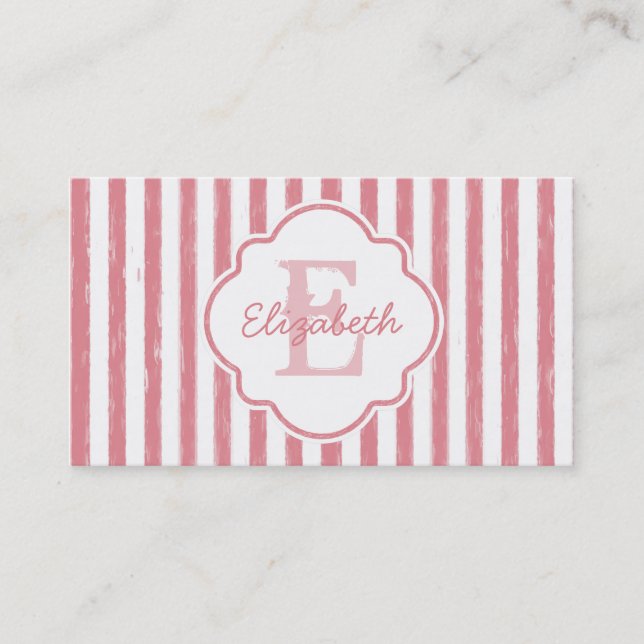 Pretty Pink Painted Stripes Monogram and Name Business Card (Front)