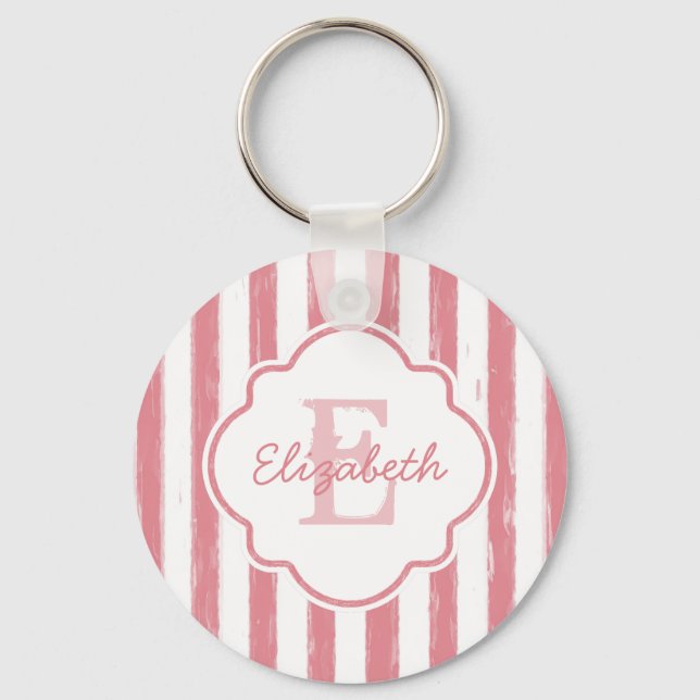 Pretty Pink Painted Stripes Monogram and Name Keychain (Front)