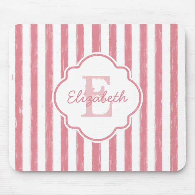 Pretty Pink Painted Stripes Monogram and Name Mouse Pad (Front)