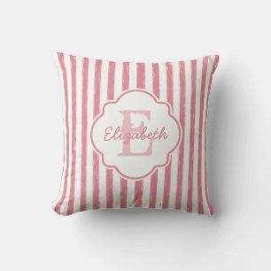 Pretty Pink Painted Stripes Monogram and Name Throw Pillow