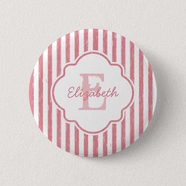 Pretty Pink Painted Stripes Monogram With Name 2 Inch Round Button (Front)