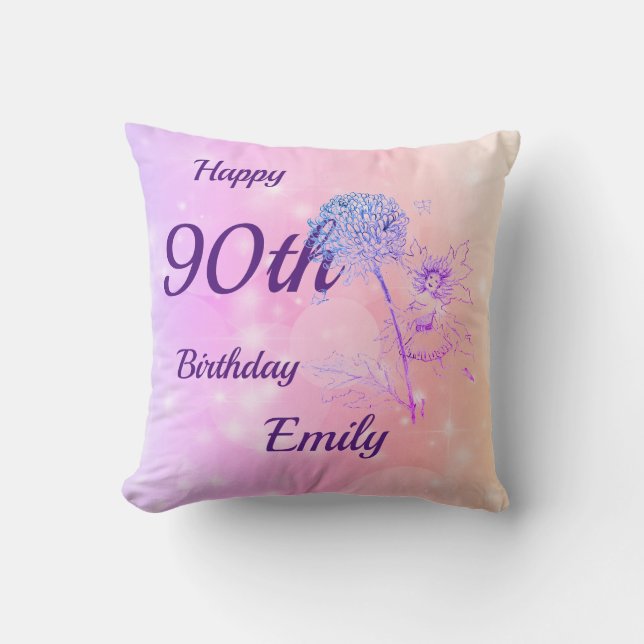 Pretty pink pastel Fairy sparkle 90th birthday Throw Pillow (Front)