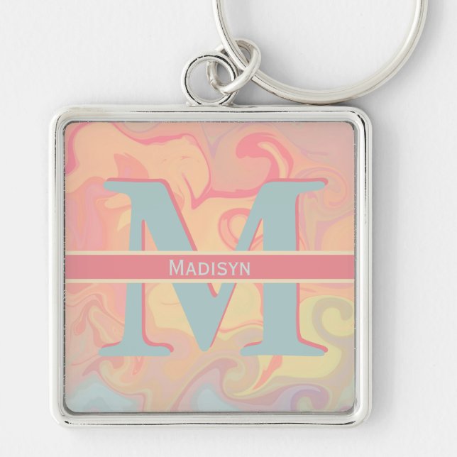 Pretty Pink Pastel Swirl Monogram Initial Name Keychain (Front)