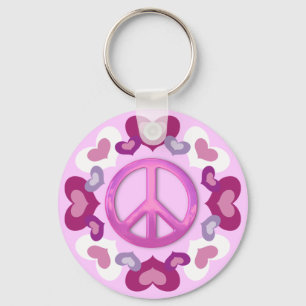 Pretty Pink Peace Sign and Hearts Keychain