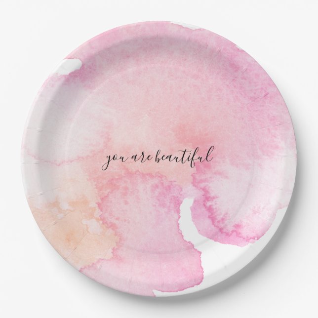 Pretty Pink Peach Watercolor Birthday Paper Plate (Front)