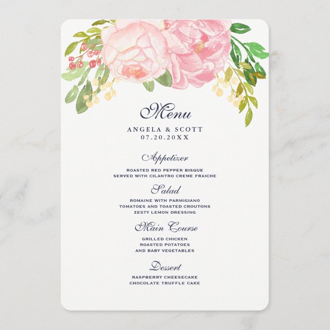 Pretty Pink Peonies Menu Cards (5x7) (Front)