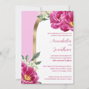 Pretty Pink Peonies with Gold on Pink Wedding Invitation