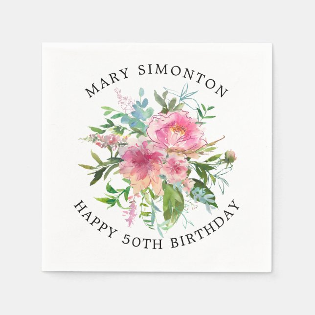 Pretty Pink Peony Floral 50th Birthday Napkin (Front)