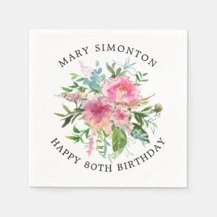 Pretty Pink Peony Floral 80th Birthday Napkin