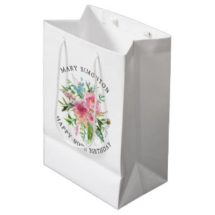 Pretty Pink Peony Floral 90th Birthday Medium Gift Bag