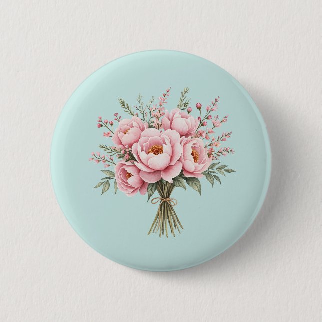 Pretty Pink Peony Flower Bouquet 2 Inch Round Button (Front)