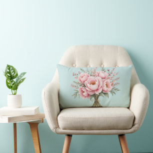 Pretty Pink Peony Flower Bouquet Lumbar Pillow