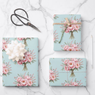 Pretty Pink Peony Flower Bouquet Pattern Wrapping Paper Sheet