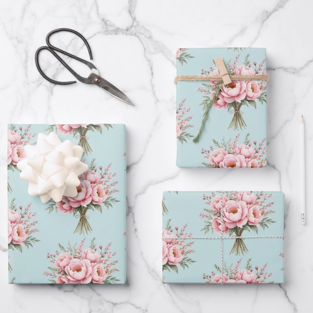 Pretty Pink Peony Flower Bouquet Pattern Wrapping Paper Sheet (Front)