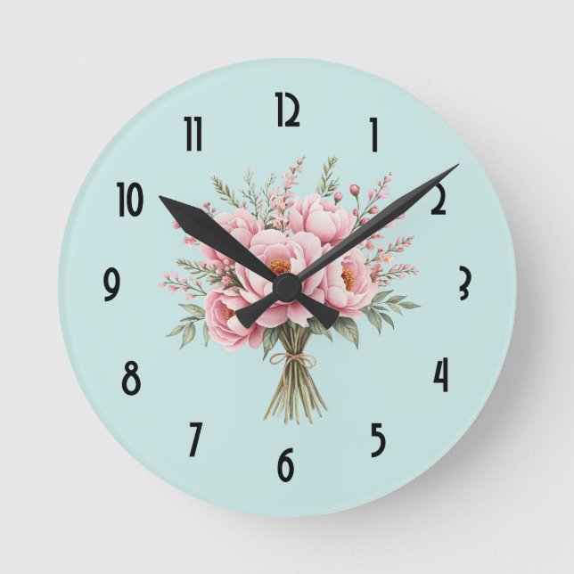 Pretty Pink Peony Flower Bouquet Round Clock (Front)