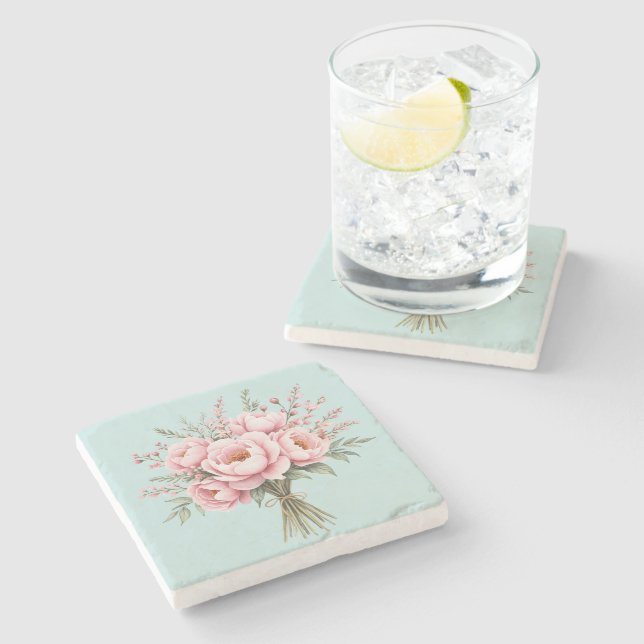 Pretty Pink Peony Flower Bouquet Stone Coaster (Side)