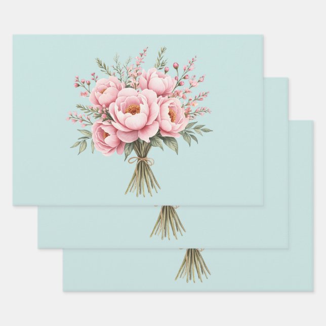 Pretty Pink Peony Flower Bouquet Wrapping Paper Sheet (Set)