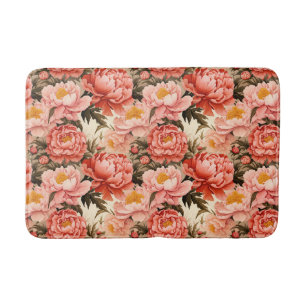 Pretty Pink Peony Vintage Floral Pattern Bath Mat
