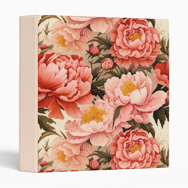 Pretty Pink Peony Vintage Floral Pattern Binder (Front/Spine)