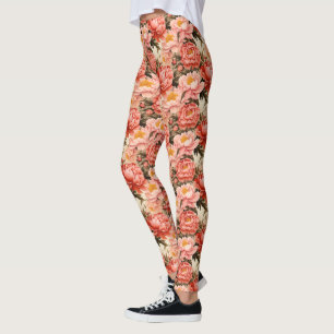 Pretty Pink Peony Vintage Floral Pattern Leggings
