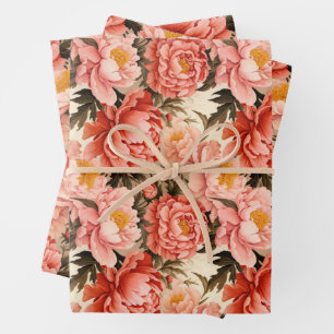 Pretty Pink Peony Vintage Floral Pattern Wrapping Paper Sheet