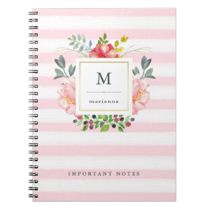 Pretty Pink Peony Watercolor Flowers with Stripes Notebook