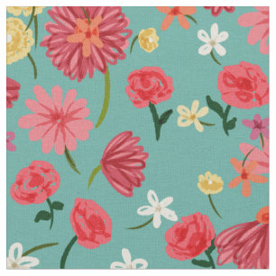 Pretty Pink Petite Flowers on Aqua Colour Fabric