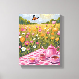 Pretty Pink Picnic   Flower Field Tea Butterfly Canvas Print