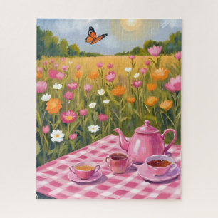 Pretty Pink Picnic   Flower Field Tea Butterfly Jigsaw Puzzle