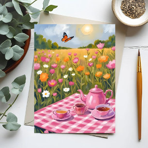 Pretty Pink Picnic Flower Field Tea Butterfly Postcard
