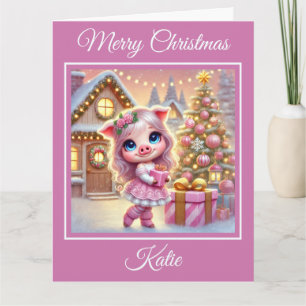 Pretty Pink Pig at a Christmas Cottage Card