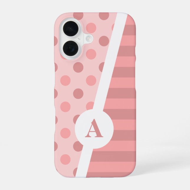 Pretty Pink Polka Dot and Stripe Pattern iPhone 16 Case (Back)