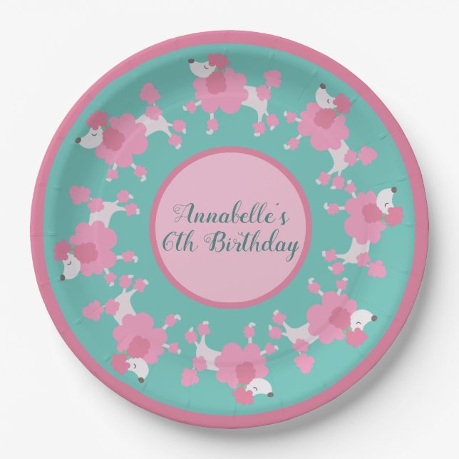 Pretty Pink Poodle Party Personalize Paper Plate (Front)