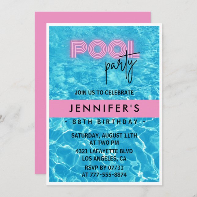 Pretty Pink Pool Party 88th birthday invitations (Front/Back)