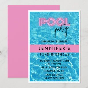 Pretty Pink Pool Party 92nd birthday invitations