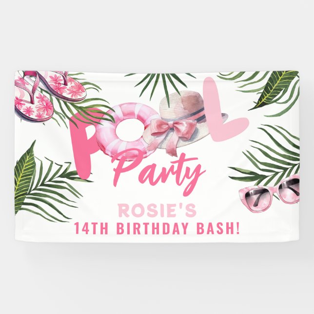 Pretty Pink Pool Party Girl Birthday  Banner (Horizontal)