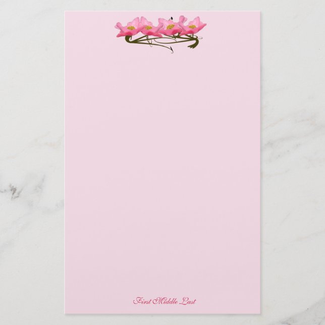 Pretty Pink Poppy Flowers Border Photo Custom Stationery (Front)
