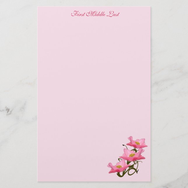 Pretty Pink Poppy Flowers Photo Custom Stationery (Front)