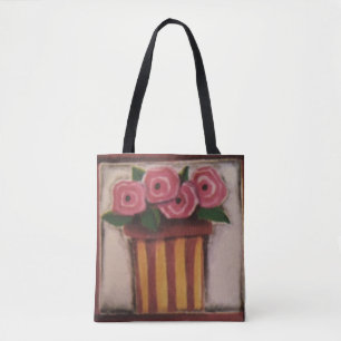 Pretty pink potted flowers tote bag black handle