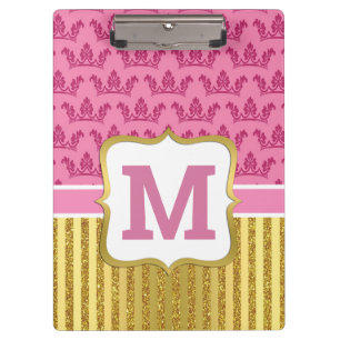 Pretty Pink Princess Crowns & Gold Glitter Stripes Clipboard