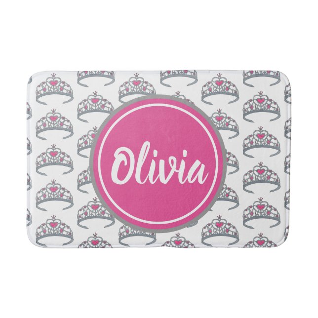 Pretty Pink Princess Party Silver Tiara Crown Bath Mat (Front)