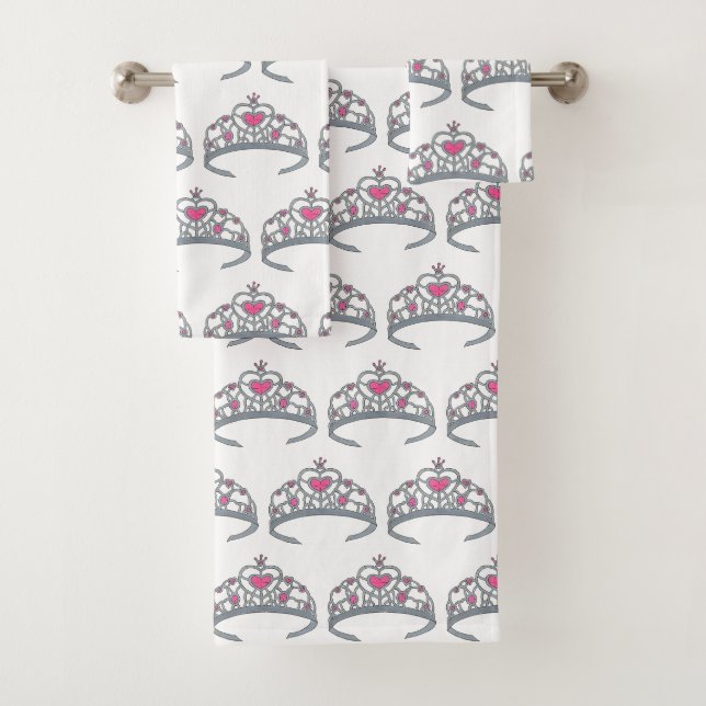 Pretty Pink Princess Party Silver Tiara Crown Bath Towel Set (Insitu)